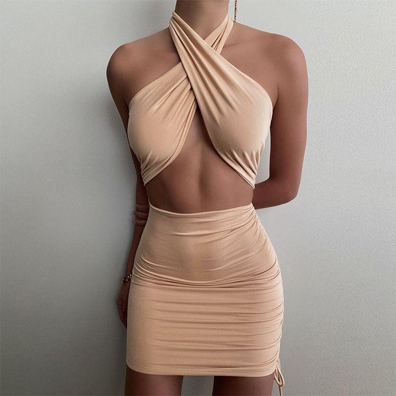 Side Shirred Criss Cross Front Cut Out Wrap Neck Halter Neckline Dress –  SOUISEE